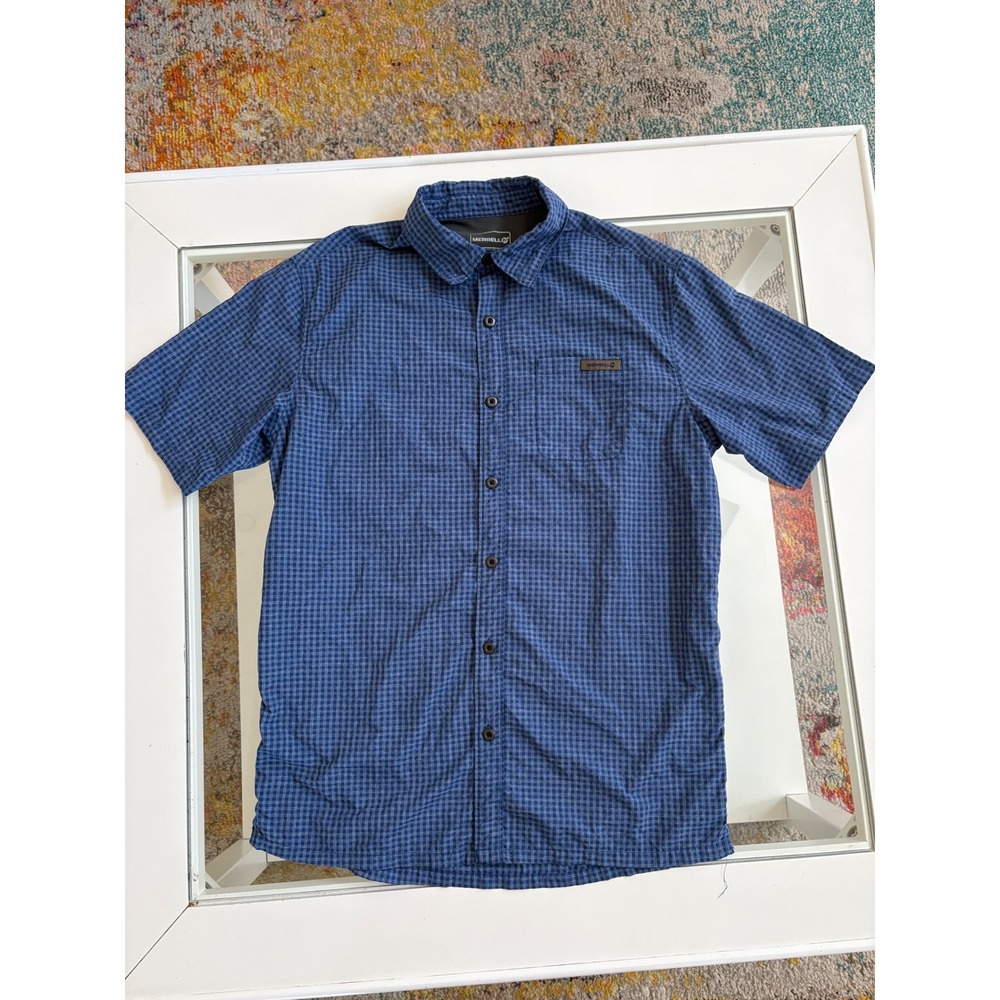 Merrell Opti-Wick Blue Plaid Short Sleeve Button Down Shirt Mens Small UPF 30+